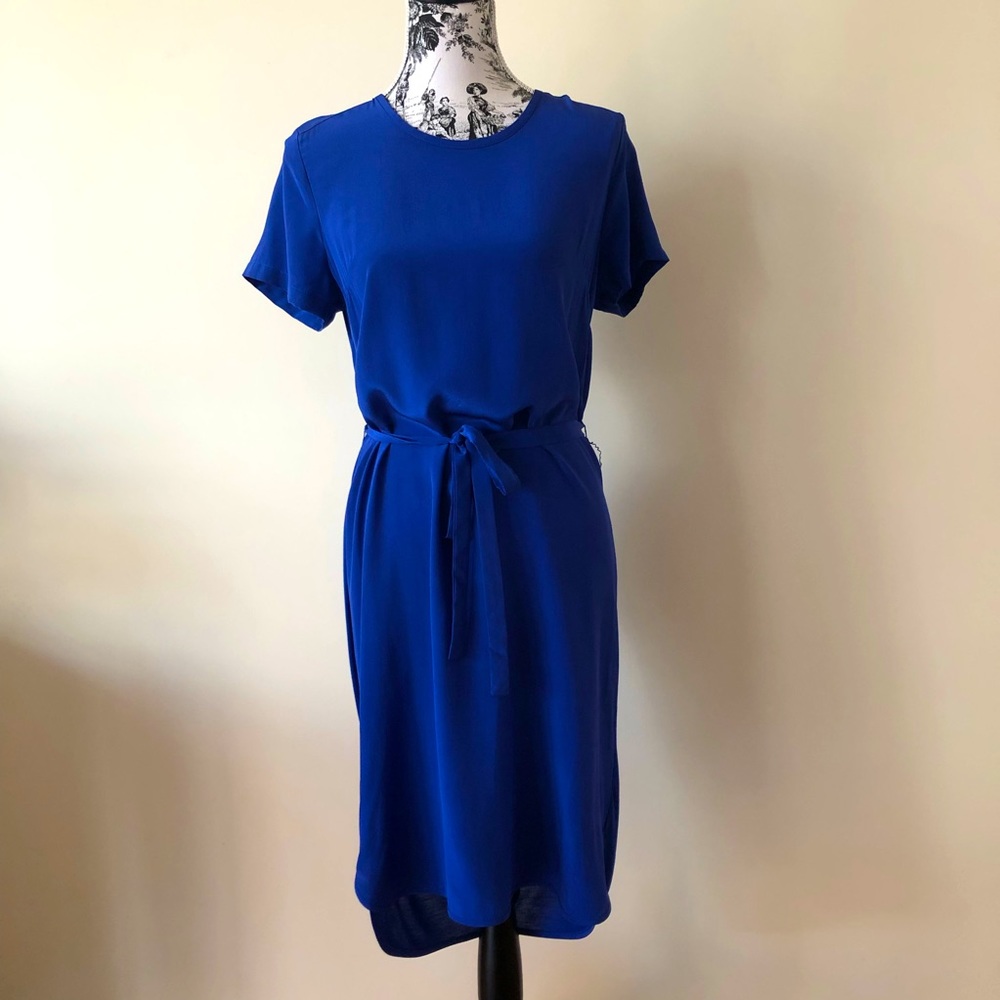MARCS Cobalt Blue Dress 100% Silk Pullover Shift Tie Waist High Low Skirt Size M - Picture 5 of 16